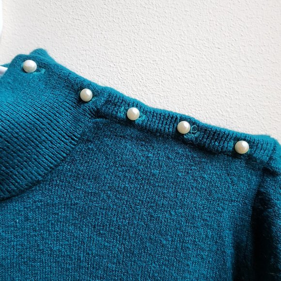 Heathcote Vintage Aqua Mock Neck Pearl Button Sweater Size 38/Large - Picture 9 of 16